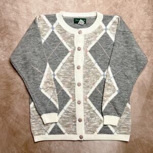 Vintage 90s Dana Scott Argyle Diamond Knit Sweater Cardigan Multicolor Preppy